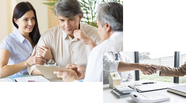 consultor asesorando clientes y manos que se estrechan como acuerdo